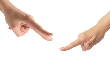 Woman hands with nude manicure isolated on a white background.