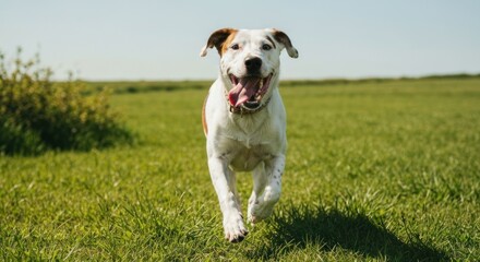 Running white and tan dog, tongue out, joyfully running through grassy field