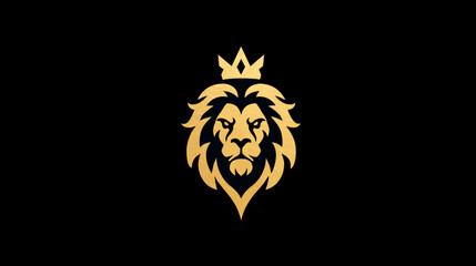 Obraz premium Majestic Golden Lion Head Emblem with Royal Crown on Black Background, Symbolizing Strength, Leadership, and Power