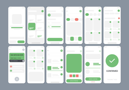 Modern AI Mobile App UI Wireframe Design Set with User Flow, Cards and Confirmation Screens