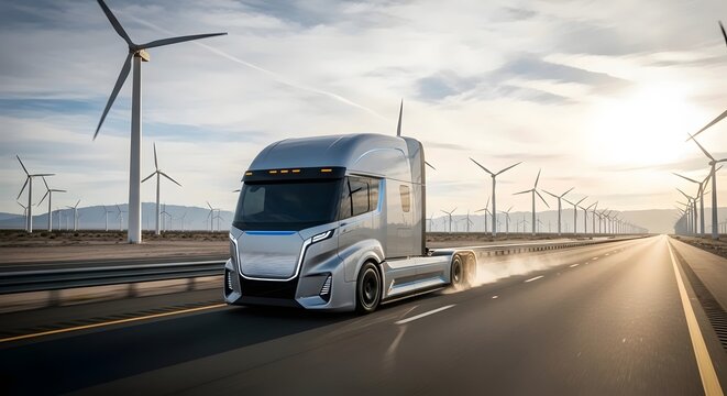 Futuristic electric semi truck driving with renewable energy background