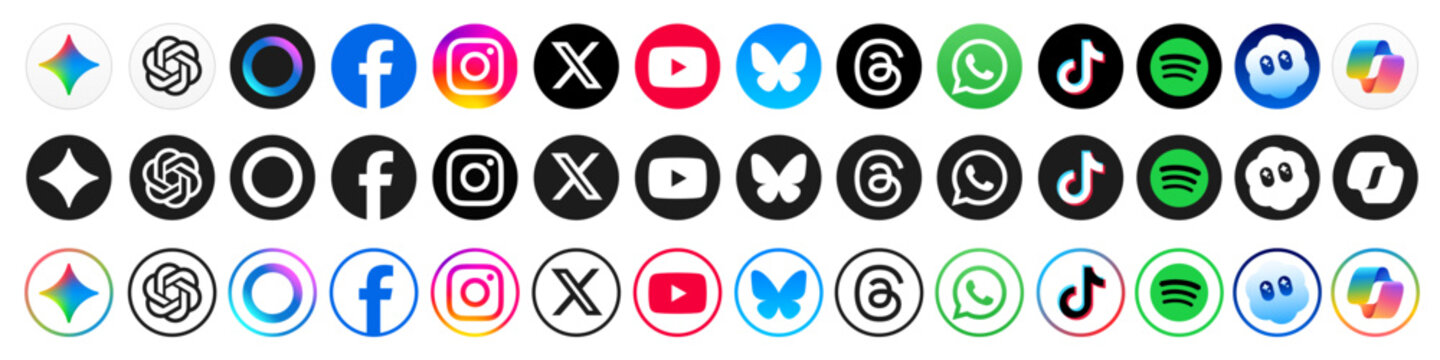 Social media icon set, social network Facebook, Instagram, WhatsApp, X, YouTube, Threads, Bluesky, TikTok, Spotify. AI app logo ChatGPT, Gemini, Meta AI, Copilot, Sora2