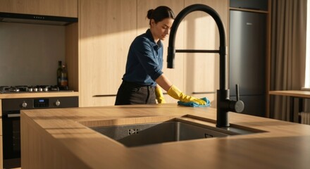 Woman in yellow gloves cleans a modern kitchen counter under bright sunlight