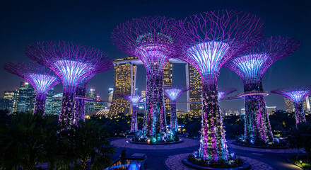 Futurystyczne ogrody Supertree Grove w Singapurze nocą z fioletową iluminacją