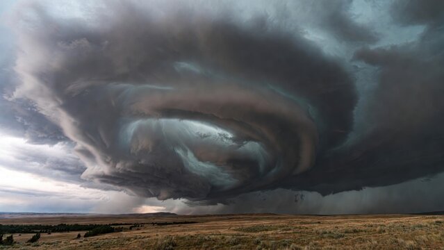 Dramatic swirling storm clouds over expansive grassland landscape.