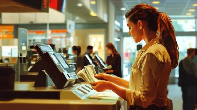A young woman is focused on handling transactions at a busy counter in a vibrant setting. Cash registers and customers create a lively atmosphere. Generative AI