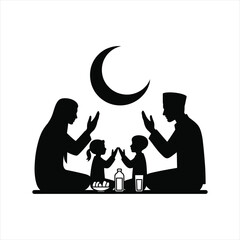 Muslim family silhouette praying and breaking fast together for ramadan