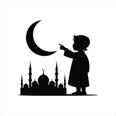 Little girl silhouette watching crescent moon and mosque at night