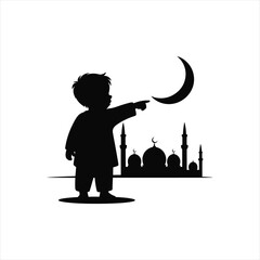 Muslim boy silhouette pointing at crescent moon near mosque