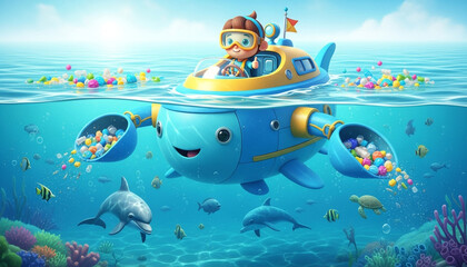 Obraz premium Cheerful Boy Cleaning Ocean Plastic Pollution with Futuristic Robotic Submarine - Sustainability and Ecology Concept