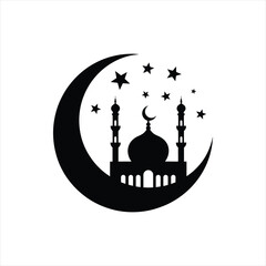 Islamic mosque silhouette inside large crescent moon with stars vector