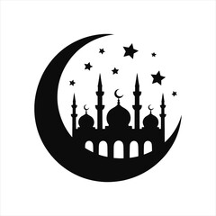 Islamic Mosque Silhouette with Crescent Moon and Stars for Ramadan Kareem.