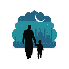 Father and child silhouette in front of mosque dome background