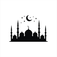Beautiful mosque silhouette with crescent moon and shining stars vector art