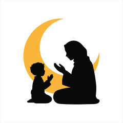 Muslim woman and child praying together under large golden crescent moon