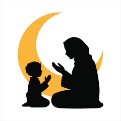 Silhouette of mother and son praying in front of large yellow crescent moon