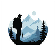 Backpacker hiker looking at mountains and forest pine trees silhouette