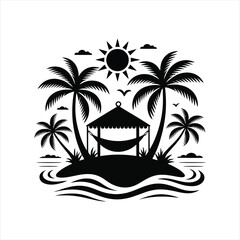 Tropical island paradise silhouette with palm trees and a cozy hammock