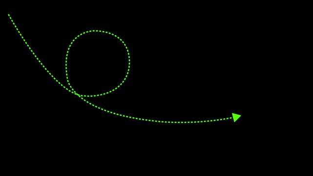 Green dotted line with arrow on black background motion animation neon green