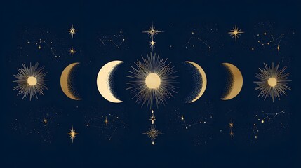 Fototapeta premium Celestial Moon Phases and Sun with Gold Stars on Navy Blue Background. Mystical Astrology Pattern