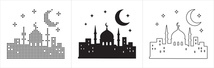 Mosque Skyline with Crescent Moon and Stars in Dot Matrix, Silhouette, and Line Art for Islamic Themes