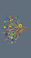 Vibrant abstract explosion of colorful geometric shapes and flowing lines, symbolizing creativity, innovation, and dynamic energy on a grey background.