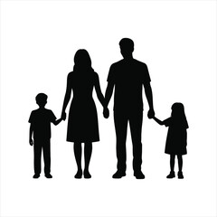 Happy family with father mother and two children holding hands silhouette