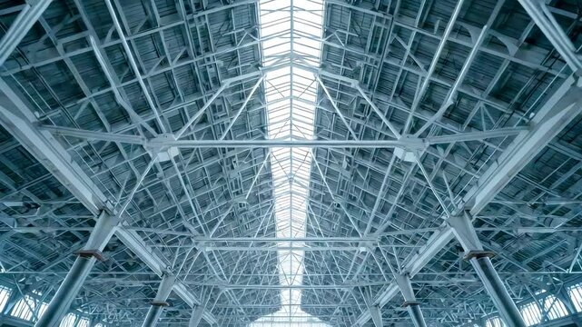 Symmetrical steel roof structure with skylight panels inside large industrial hall showing engineering precision geometry and modern architecture