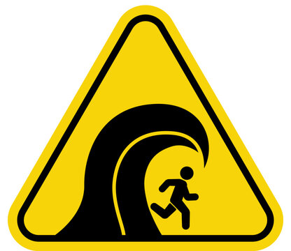 Tsunami warning sign with a person running from a large wave vector illustration for disaster alert and safety information