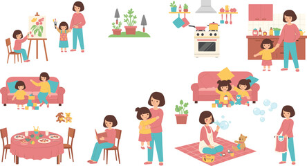 Fototapeta premium Mother and daughter daily home activities cartoon vector set showing family bonding and lifestyle scenes