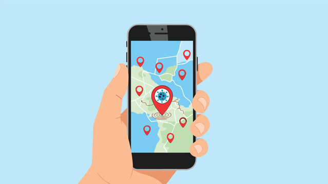 Mobile phone screen displaying virus location tracking map used for monitoring pandemic spread in local urban areas.