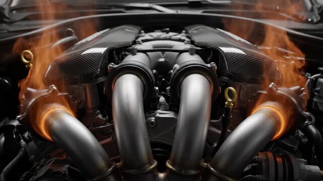 High-performance V12 engine with heat shimmer and carbon fiber components