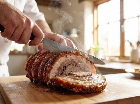Professional Chef Slicing Steaming Hot Porchetta on a Board