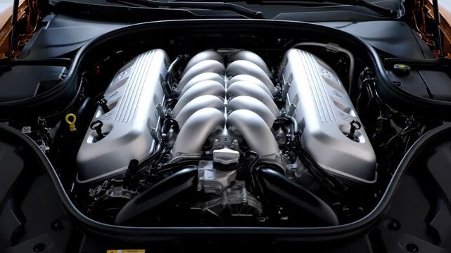 Overhead view of a V12 engine starting up, showing symmetrical cylinder banks and initial movement.