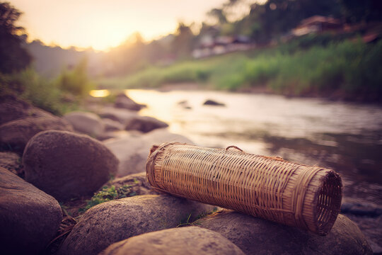 Wicker bamboo fish trap rustic style traditional fishing tool handmade natural material riverbank countryside sunset outdoor rural peaceful