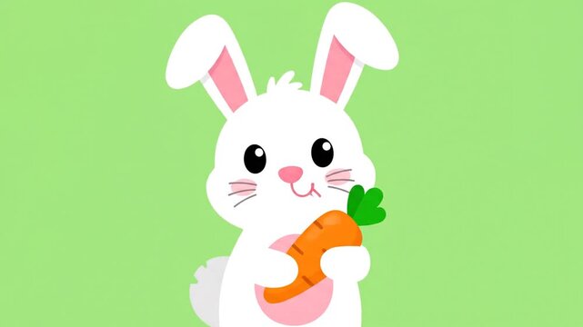 A cute pink Easter bunny cartoon illustration of a happy white rabbit holding a carrot, featuring a vector art style with hearts and eggs for a fun spring holiday greeting card isolated on white
