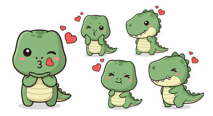 Obraz premium Adorable Green Cartoon Dinosaurs Expressing Love and Affection with Hearts and Playful Gestures