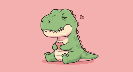 Obraz premium Adorable Green Cartoon Dinosaur Winking and Holding a Pink Heart on a Light Pink Background