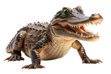 Obraz premium Prionosuchus, Detailed close-up of prehistoric reptile with sharp teeth and green eyes, cutout, PNG, isolated on transparent background, AI