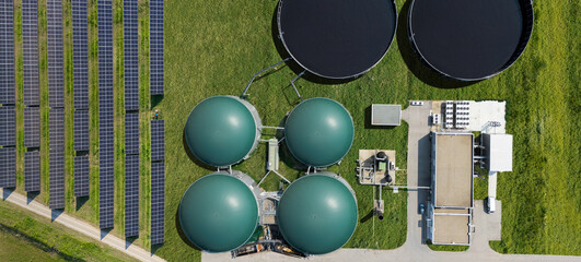 Aerial view of biogas plant using renewable energy for biomethane production
