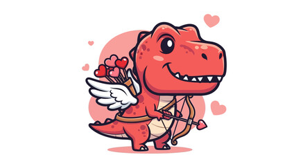 Cute Cartoon T rex Dinosaur with Cupid Wings Holding Bow and Heart Arrow for Valentines Day