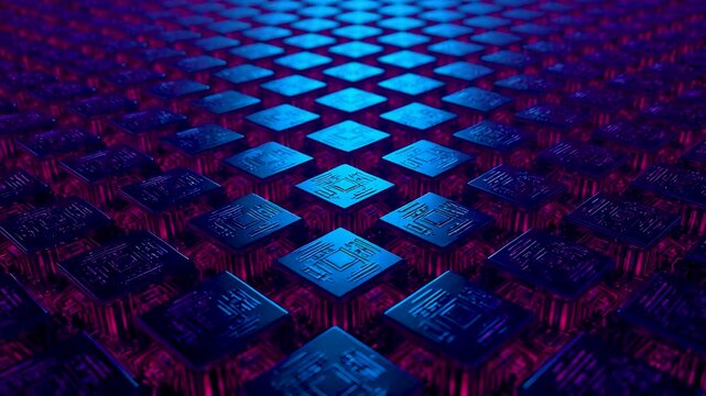 Glowing digital grid of illuminated square tiles in deep blue and red tones forming a high tech abstract data surface