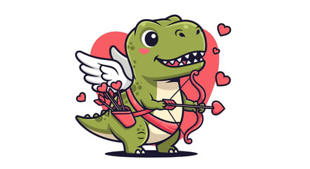 Obraz premium Charming Green Dinosaur with Wings, Cupids Bow, and Heart Arrows for Valentines Day