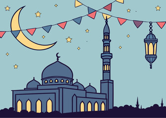 Night of Power Ramadan Lanterns and Mosque Skyline Vector
