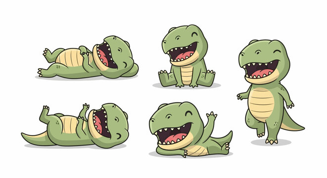 Cute Baby T rex Dinosaurs in Various Playful Poses, Depicted as Cheerful Cartoon Characters
