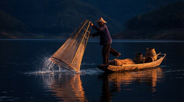 Traditional fisherman casting illuminated net from wooden boat at blue hour