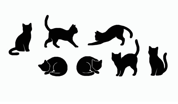 Black cat silhouette vector set with playful feline poses isolated on white
