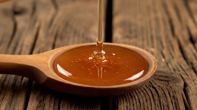 A closeup of a spoon of honey and a spoon of chocolate dripping sweet liquid into a hot bowl of fresh cocoa cream dessert for a delicious breakfast meal