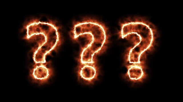 Flaming question marks burning with bright orange and yellow fire on black background symbolizing uncertainty
