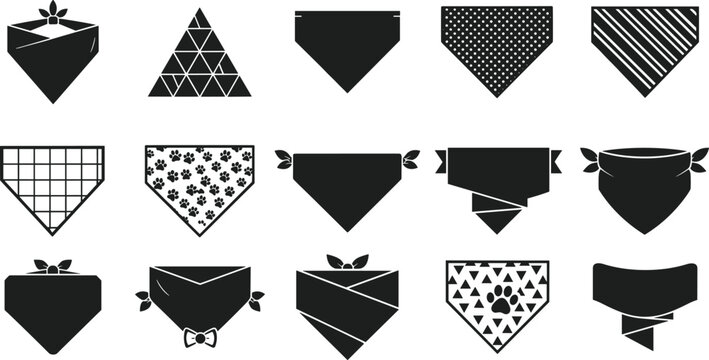 Dog bandana silhouettes and patterned neckerchiefs collection, pet fashion accessories icons set, black and white canine scarf designs isolated on white background